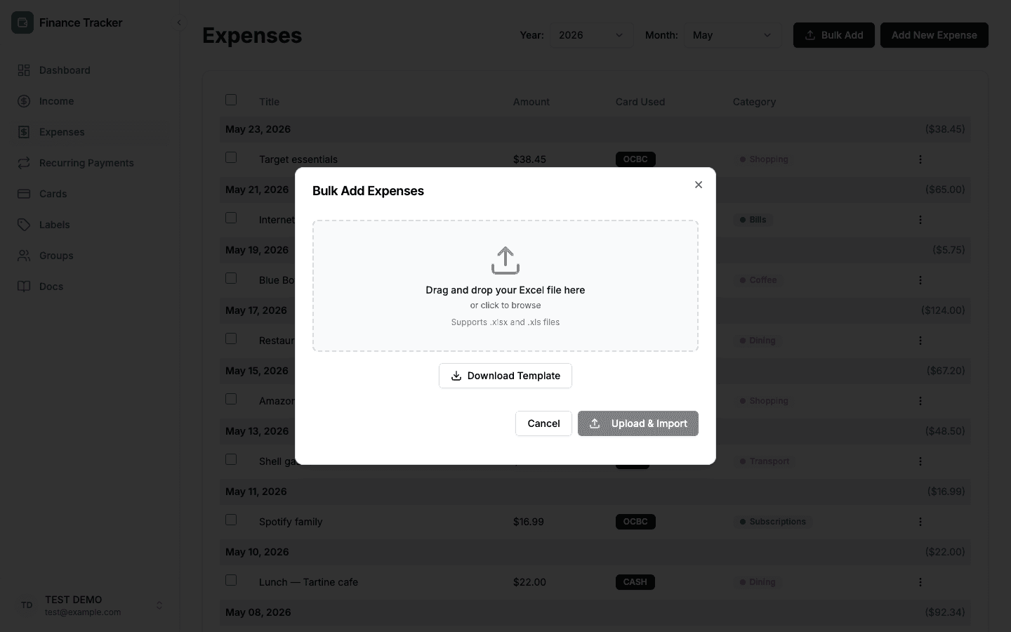Bulk-import preview with parsed expense rows and per-row validation