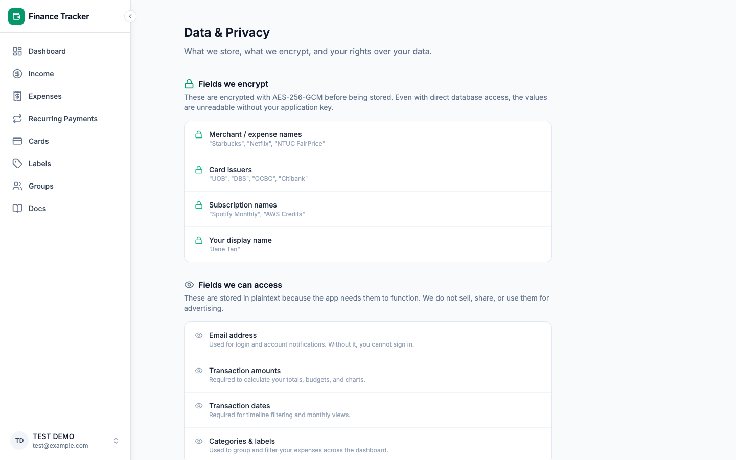 Settings page with export-data button
